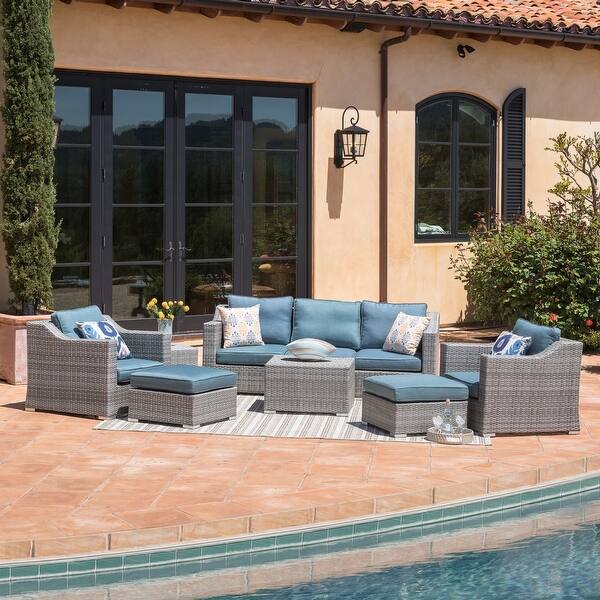 Shop Corvus Martinka 9 Piece Grey Wicker Patio Furniture Set With Cushions Overstock 13036900 Blue