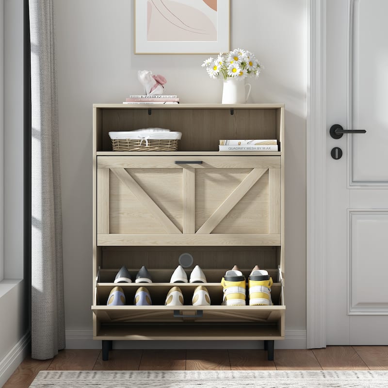 Shoe Storage Cabinet with Barn Door Design,Shoe Organizer with 2 Flip Drawers,Freestanding Narrow Shoe Rack Cabinet