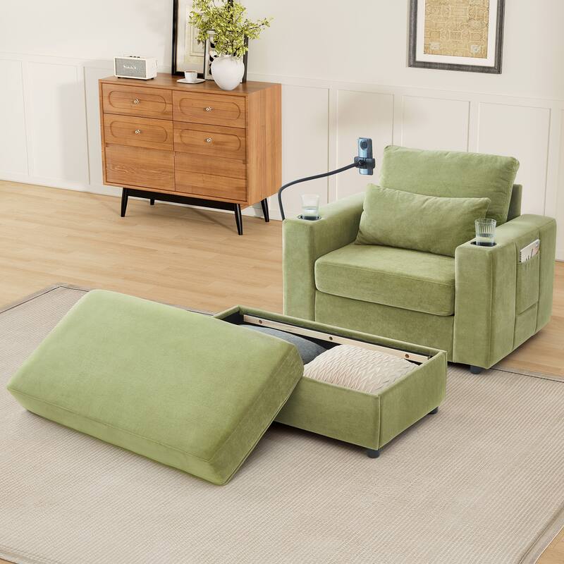 Modern Style Armchair with a Movable Storage Ottoman, Two USB Ports, Two Cup Holders, a Phone Holder and Side Pockets