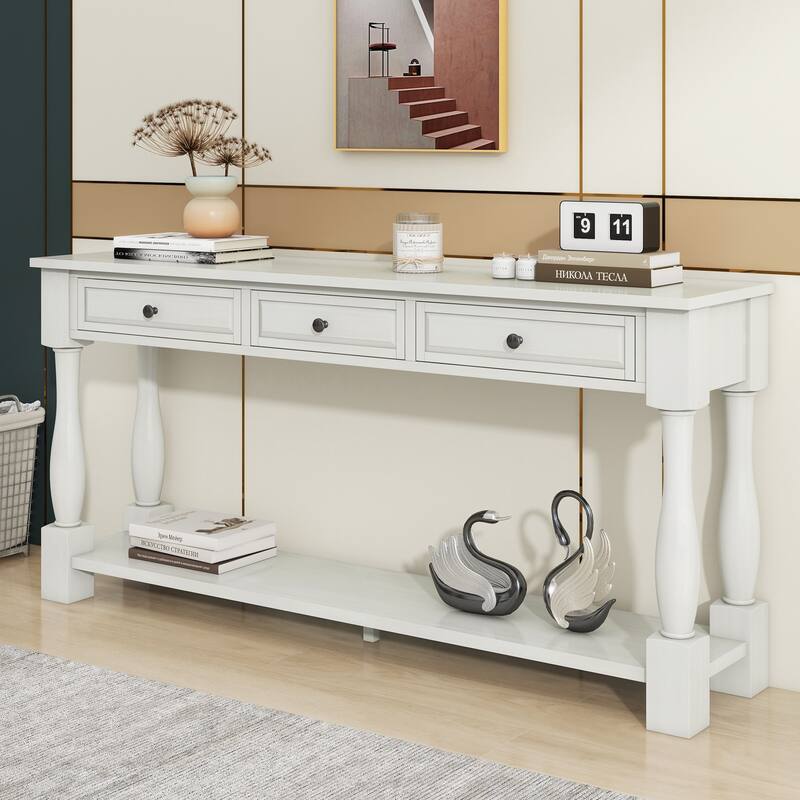 Console Table 63" Long Console Table with Drawers and Shelf for Entryway,Hallway,Living Room - Antique White