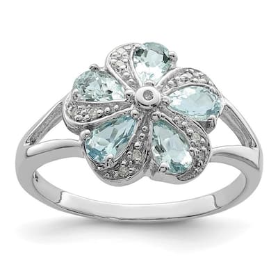 Curata 925 Sterling Silver Polished Open back Rhodium Aquamarine Diamond Ring