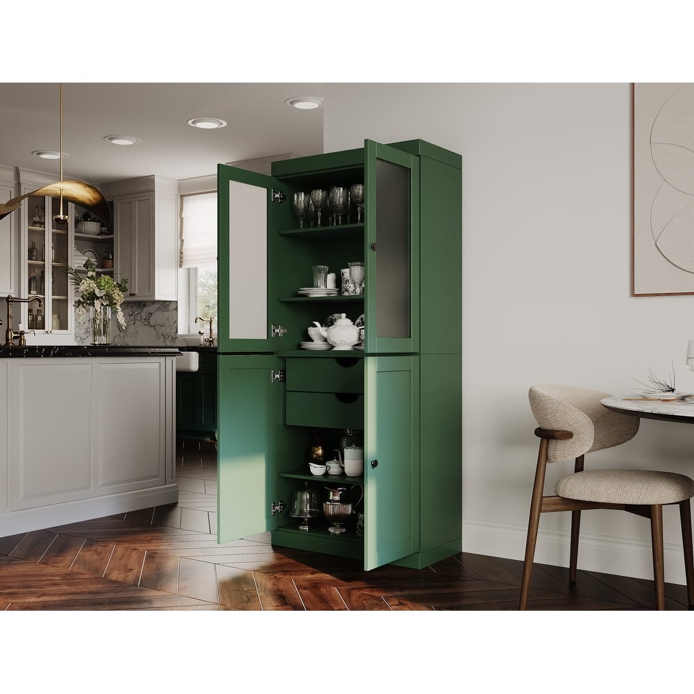 Palace Imports 100% Solid Wood 32" Pantry Cabinet with Frosted Glass, Shaker Doors, 2-Drawers and Adjustable Shelves