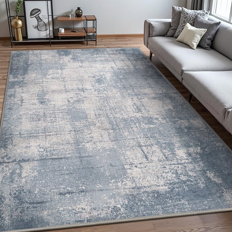 Mcow Abstract Harmony Collection Abstract Low-Pile Washable Area Rug - 8' x 10' - Blue/White - 8' x 10' - Rectangle