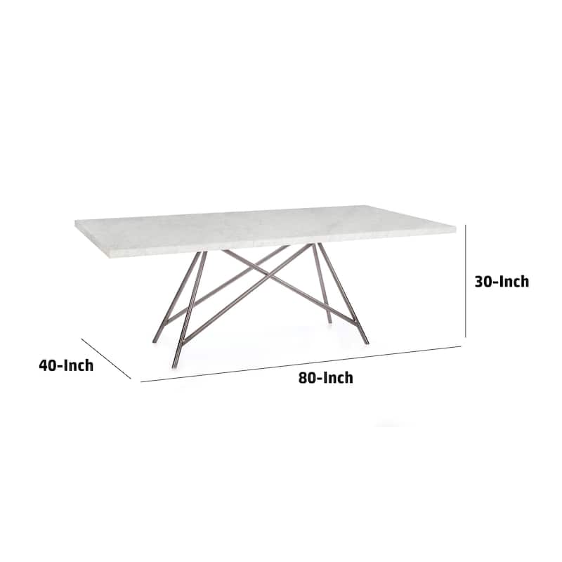 Levi 80 Inch Rectangular Carrara Marble Dining Table, Steel Legs, Chrome