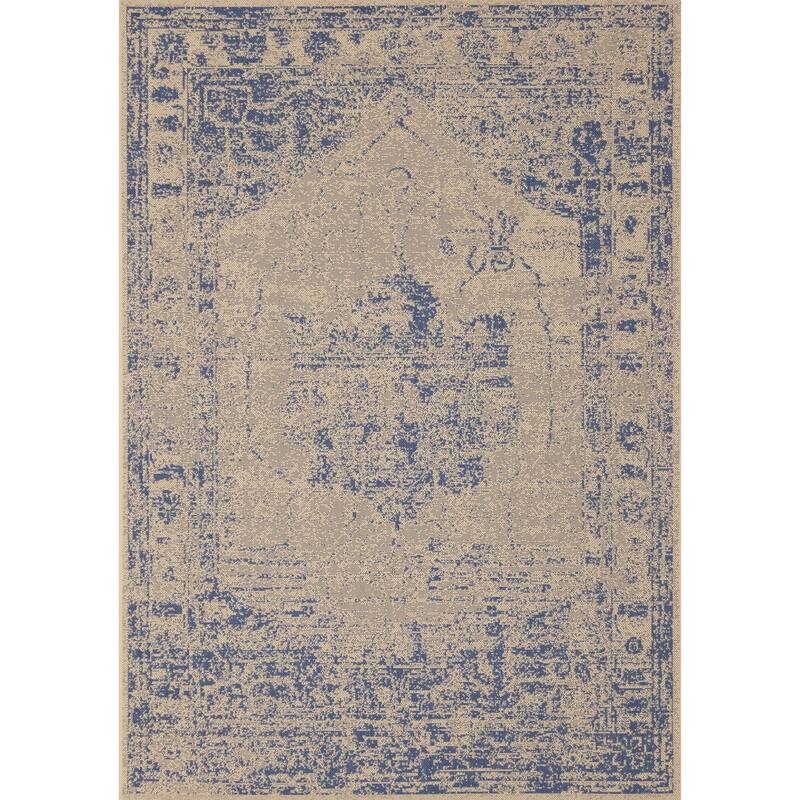 Jackson Collection - Beige/Blue Distressed Traditional Indoor/Outdoor Rug