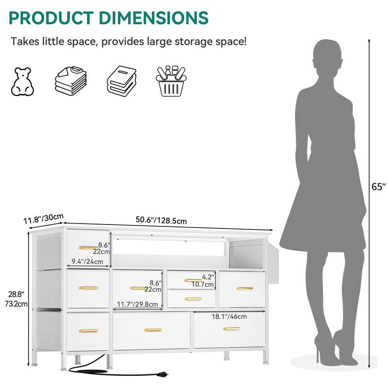 Moasis 50"W 9-drawer Fabric Dresser, Media Console, TV Stand with Outlets, RGB Lights
