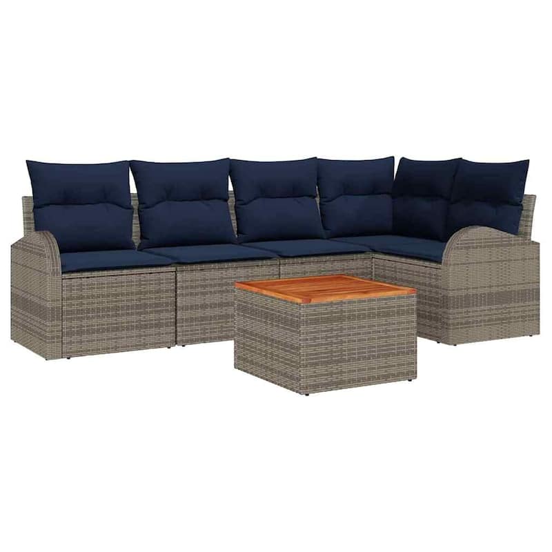 vidaXL 6 Garden Sofa Set with Cushions Black/Grey Poly Rattan - 92.1 x 48.8 x 27.2