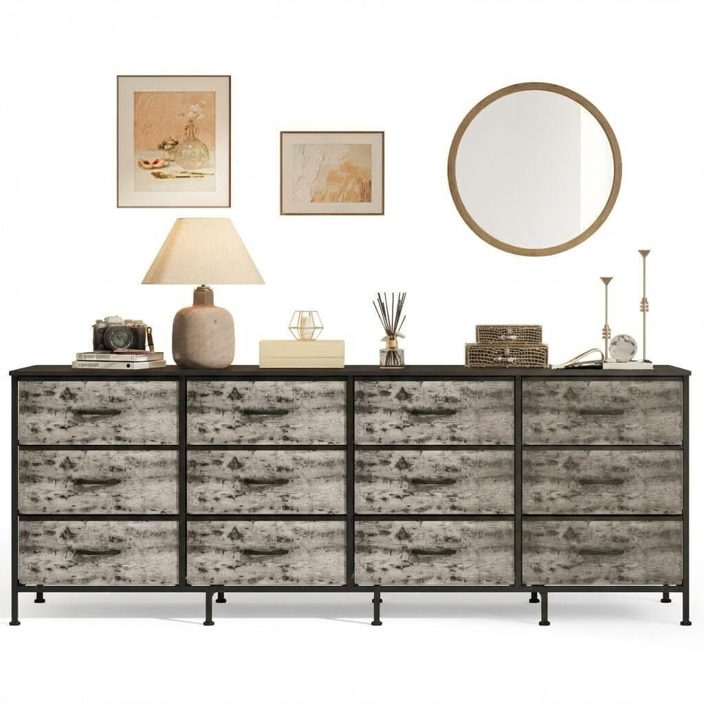 Modern 70 Inch Dresser & TV Stand with 12 Fabric Drawers, Charging Station - Wide Storage Chest & Entertainment Center