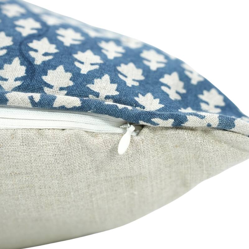 Fabdivine Handmade Floral Block Print Soft Pure Linen Fabric Pipine Pillow Cover Decorative Cushion Case - Pillow Covers - Pink City- Dark Blue - 22" x 22"