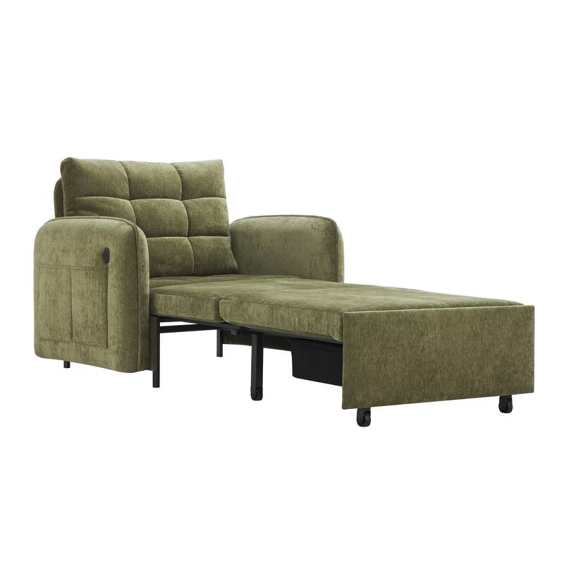 Convertible 3-in-1 Chair Bed Extra Long Pull Out Sleeper Lounge with USB Charging, Pockets, Tufted Design Chenille Single Sofa