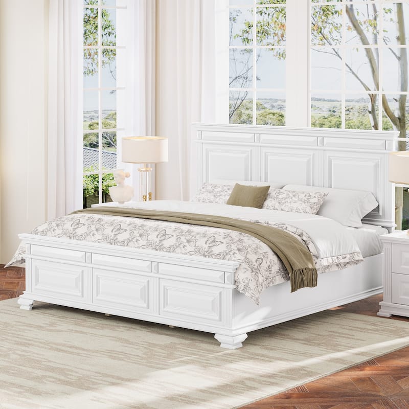 Solid Wood Retro Platform Bed with Headboard - White - King