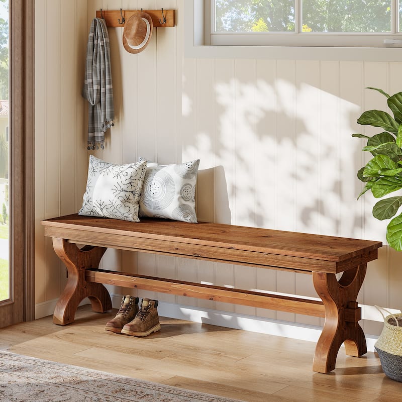Narrow Solid Wood Entryway Bench, 55-Inch Farmhouse Indoor Bench - Brown