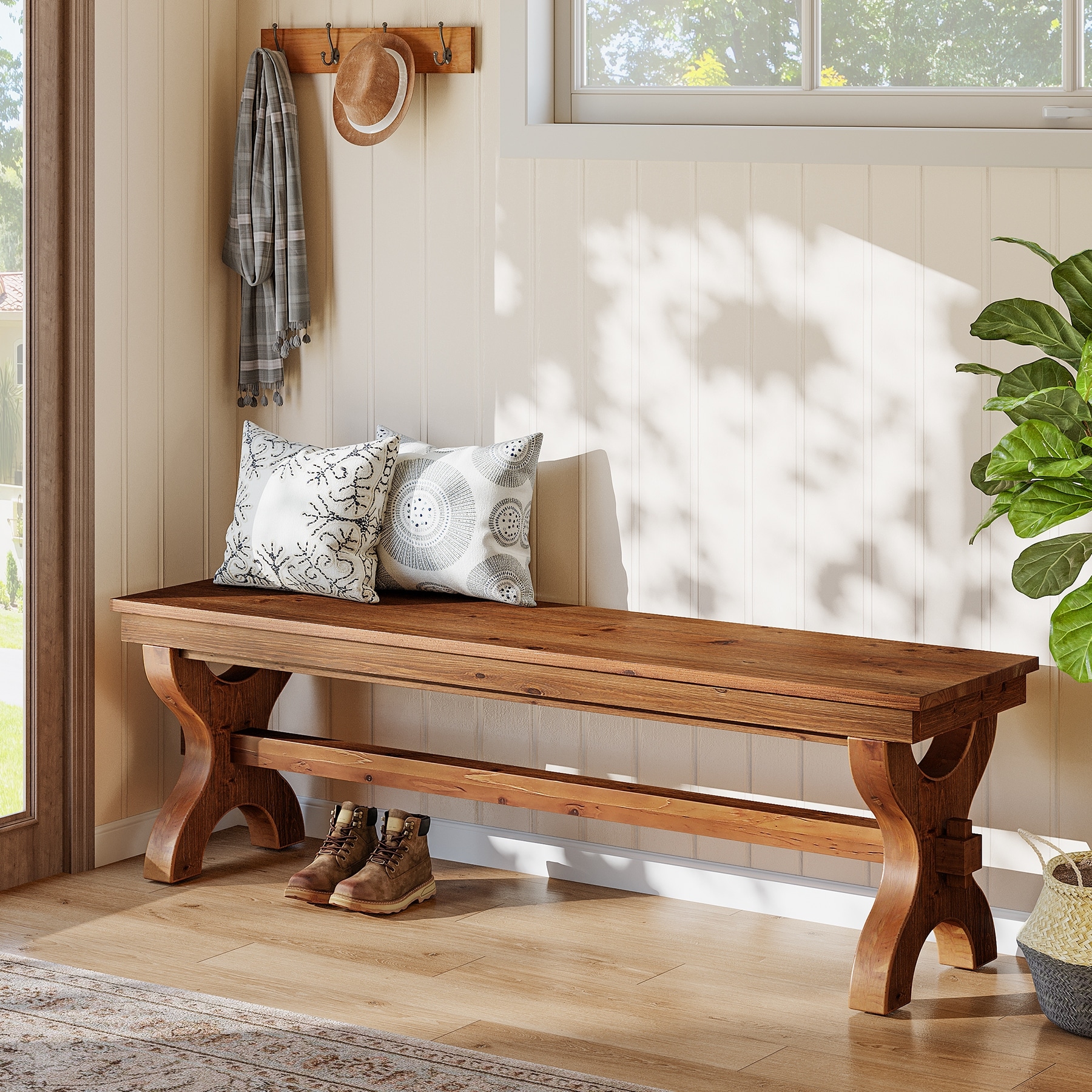 Narrow Solid Wood Entryway Bench, 55-Inch Farmhouse Indoor Bench