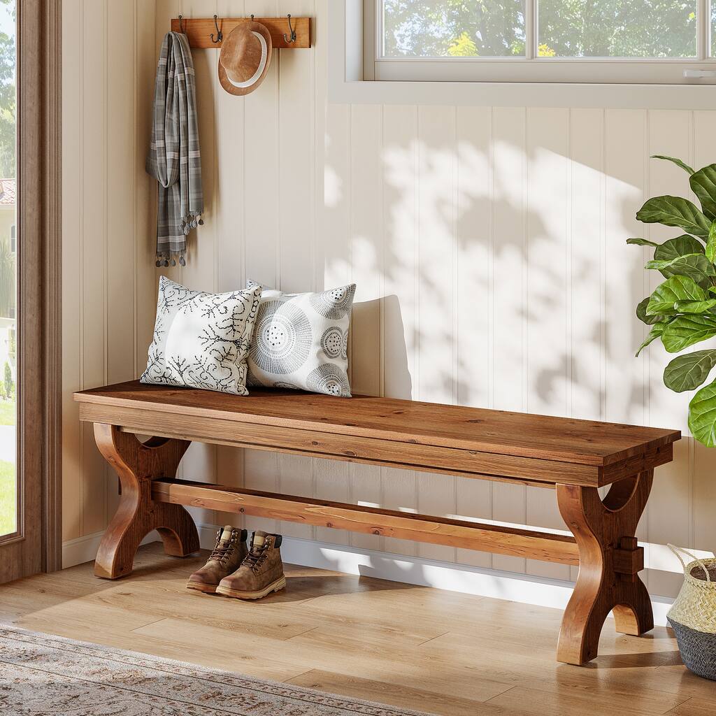 Solid Wood Entryway Bench, 55-Inch Farmhouse Indoor Bench