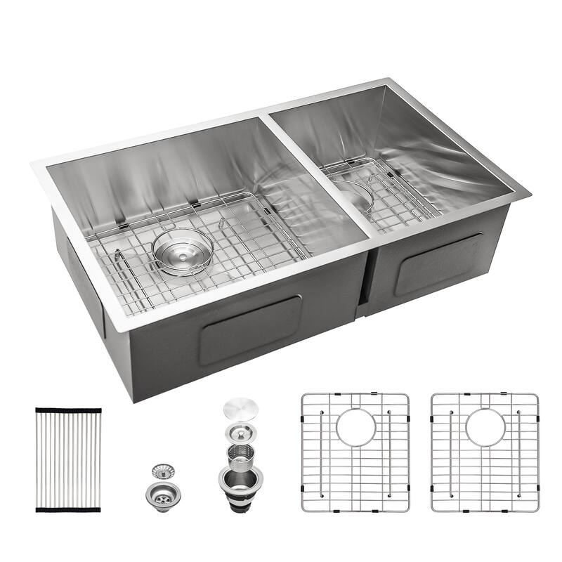 16 Gauge Stainless Steel Undermount Double Bowl Kitchen Sink (60/40) with 9 Inch Deep Sink