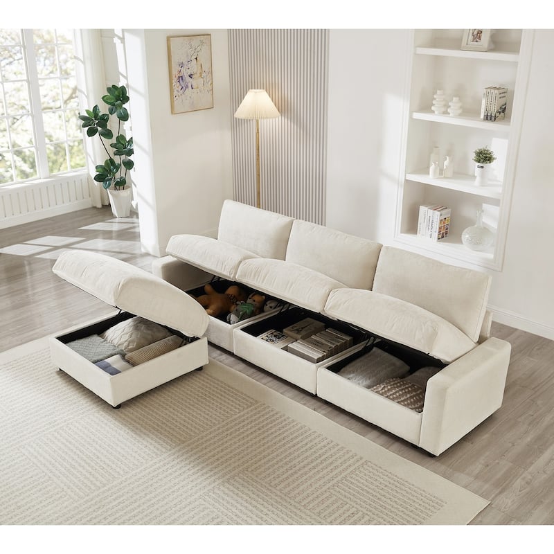 103.54" L-Shaped Sectional Sofa with Storage and Movable Ottoman