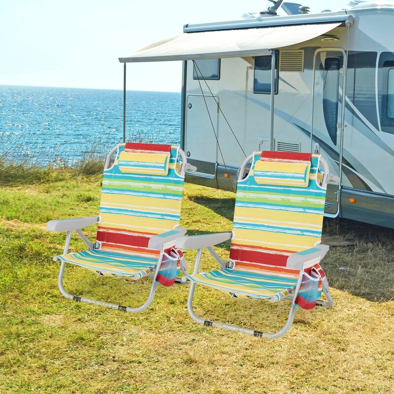 Oxford Fabric Folding Beach Chair with Adjustable Backrest, Headrest and Storage - 26" L x 25.5" W x 31" H - Multi