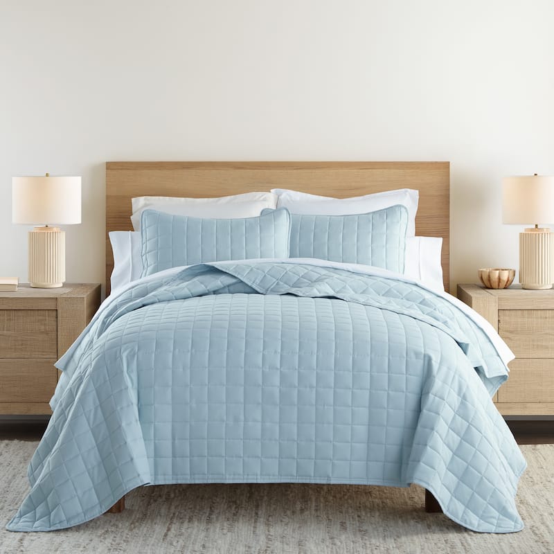 Becky Cameron Premium Ultra Soft Square Quilted Coverlet Set - Light Blue - Queen