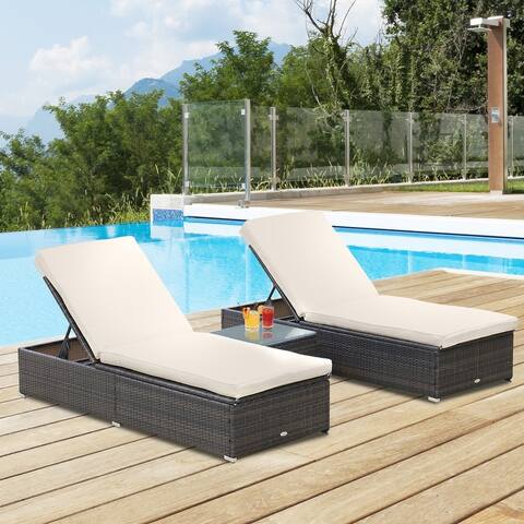 Outsunny 3-Piece Rattan Wicker Patio Chaise Lounge Set with 5 Backrest Angles, Thick Cushions, & Matching Table