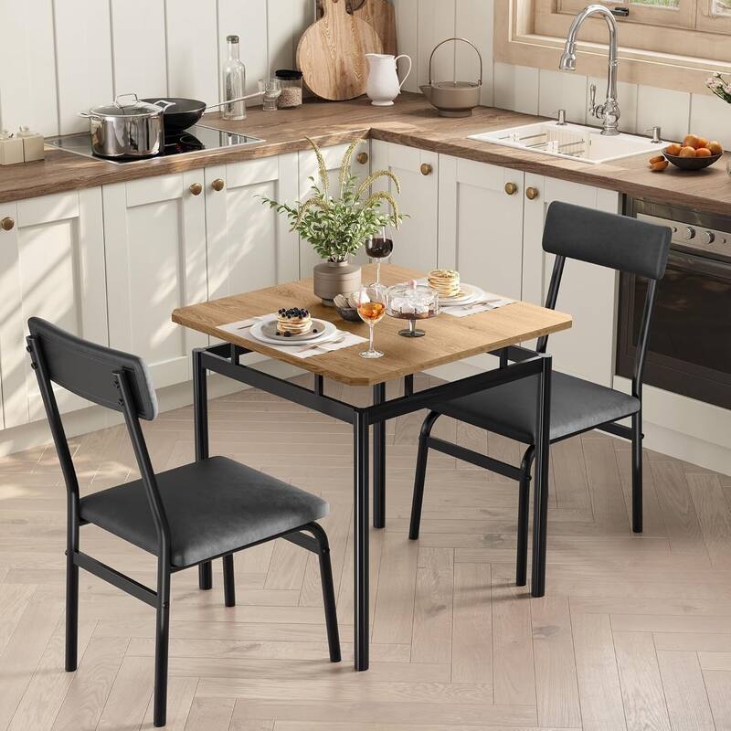 3 Piece Dining Table Set with 2 PU Upholstered Chair for Dining Room, Apartment, Studio