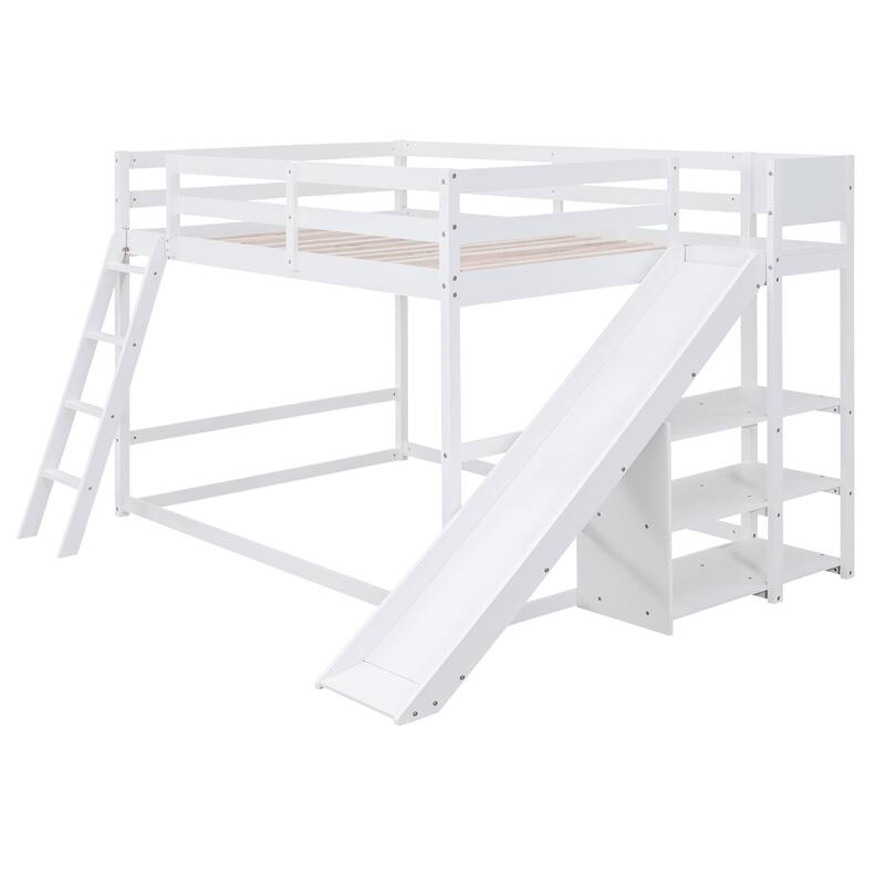 Full over Full Bunk Bed with Ladder, Slide, and Shelves in White