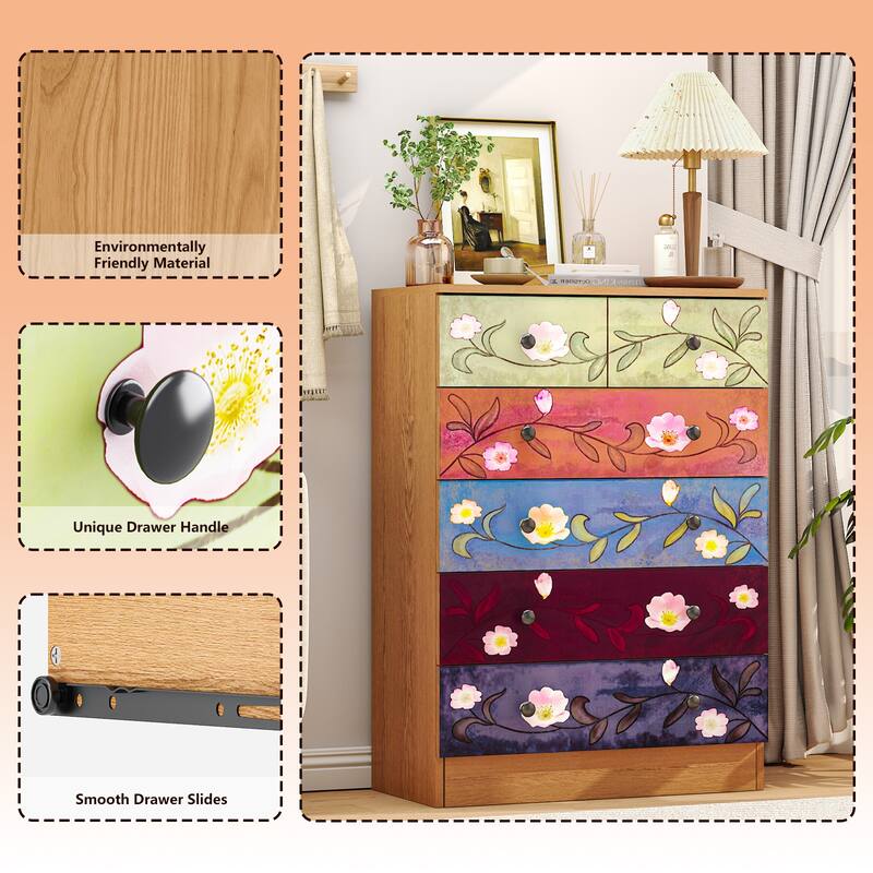 Brown 5-Layer 6-Drawer Printed Pattern Dresser P2 Grade Particle Board Storage for Bedroom, Living Room, or Home Office