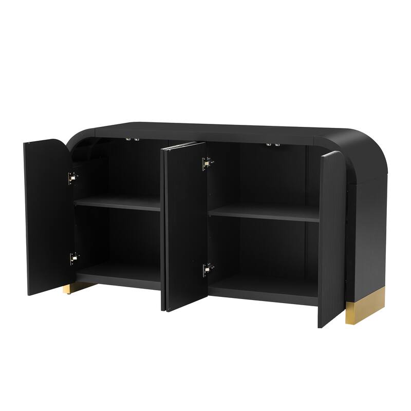 Curved Corner Sideboard Buffet with Wavy Door Panels and Adjustable Shelves for Entryway or Living Room