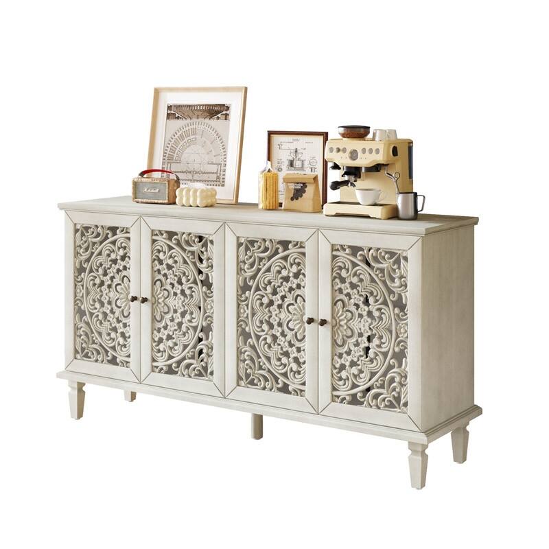 60" Antique Buffet Sideboard with Floral Carvings Solid Wood Legs and Adjustable Shelves for Versatile Storage