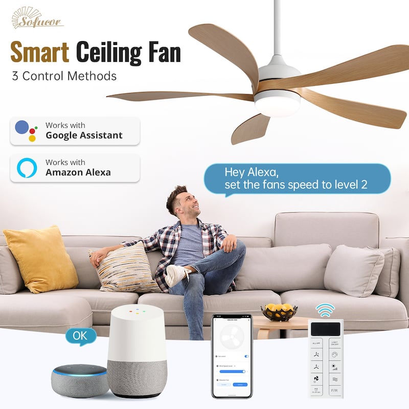 Sofucor 52"Smart,Ceiling Fans with Lights and Remote, Compatible with Alexa/Google/App, 3-Color Light 6-Speed Timing