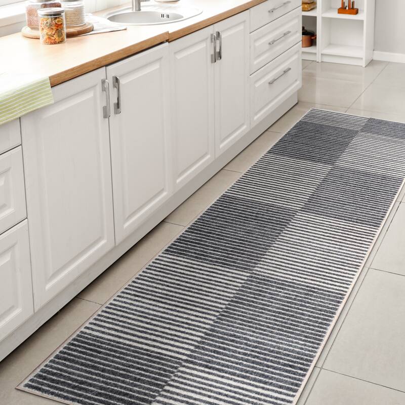 JONATHAN Y Slinger Minimalist Striped Plaid Machine-Washable Dark Gray/Cream Area Rug