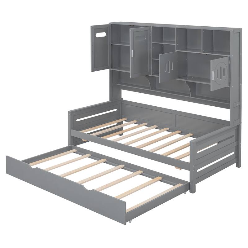 Gray Twin Size Wooden Daybed with Trundle, Cabinet, and Shelf