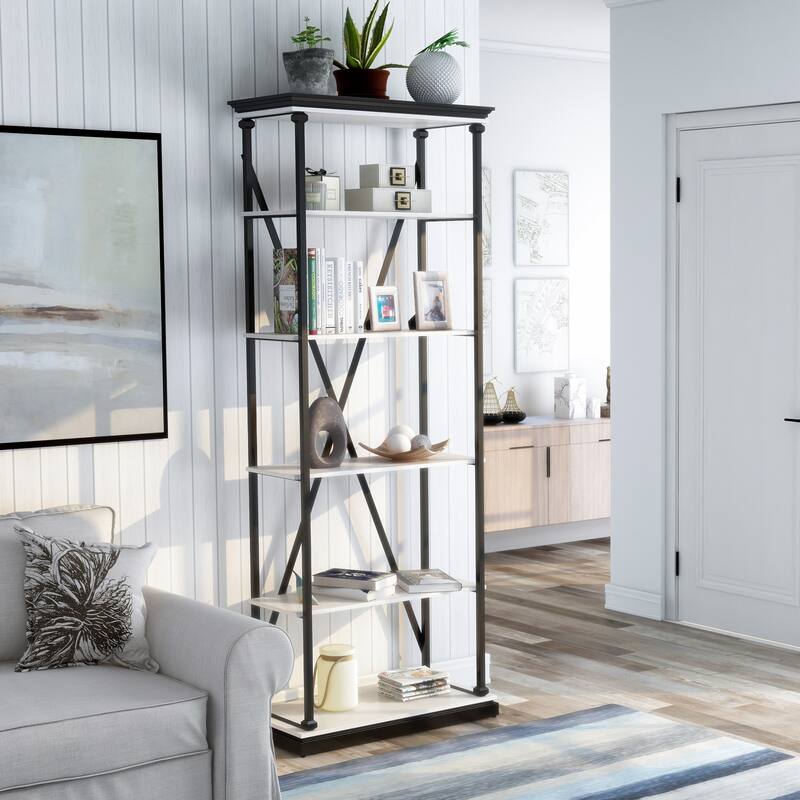 Marcin Transitional 84-inch Metal 5-Layer Bookcase by Furniture of America - Antique White