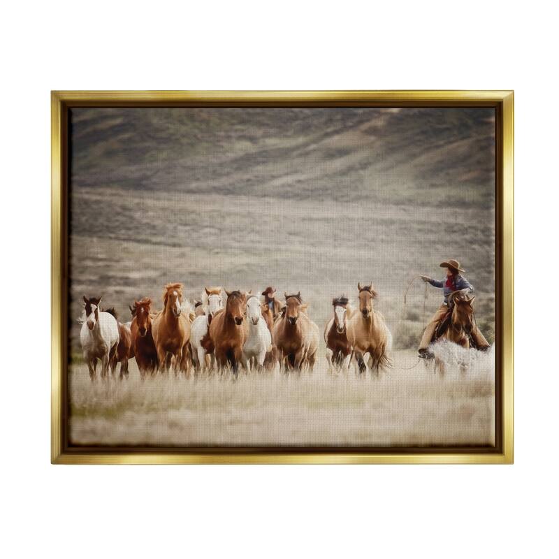 Stupell Cowboy Herding Horses Framed Floater Canvas Wall Art Design by PBurchettePhoto - 21 x 17 - Gold