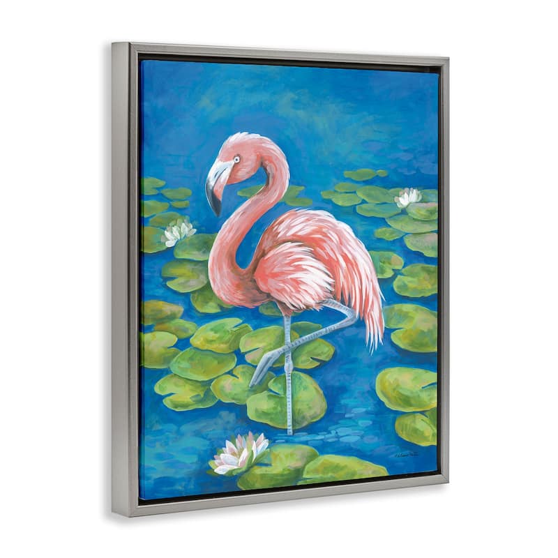 Stupell Balancing Flamingo & Lily Pads Framed Floater Canvas Wall Art Design By Diane Kater