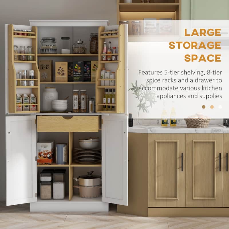 HOMCOM 72" Kitchen Pantry, Modern 4-Door Kitchen Storage Cabinet with Inside Drawer and Adjustable Shelf, White