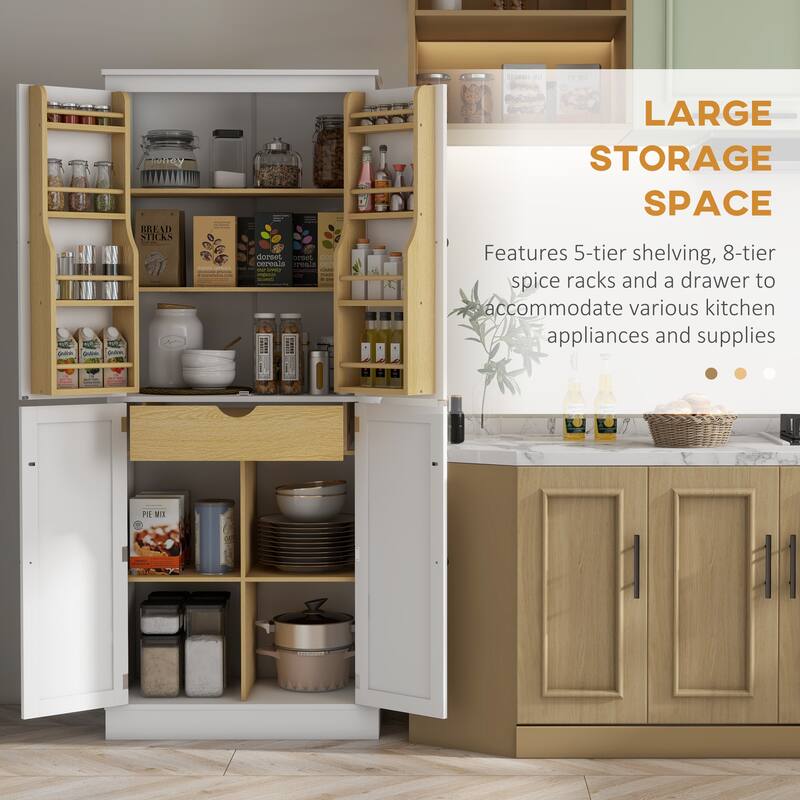 White Kitchen Cabinet with 5-Tier Shelves 8 Spice Racks Adjustable Storage and Metal Drawer - 29.5" L x 15.7" W x 71.7" H