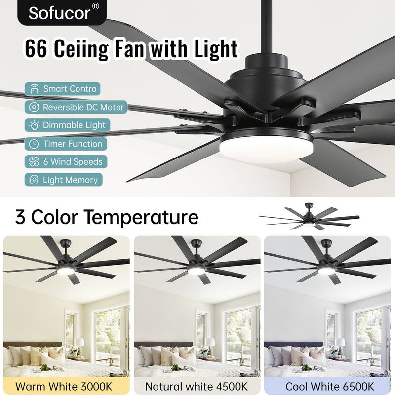 52 Inch/66 Inch/72 Inch Modern Ceiling Fan with Dimmable LED Light ,Remote&APP Control,8 Blades for Large Living Room,Porch