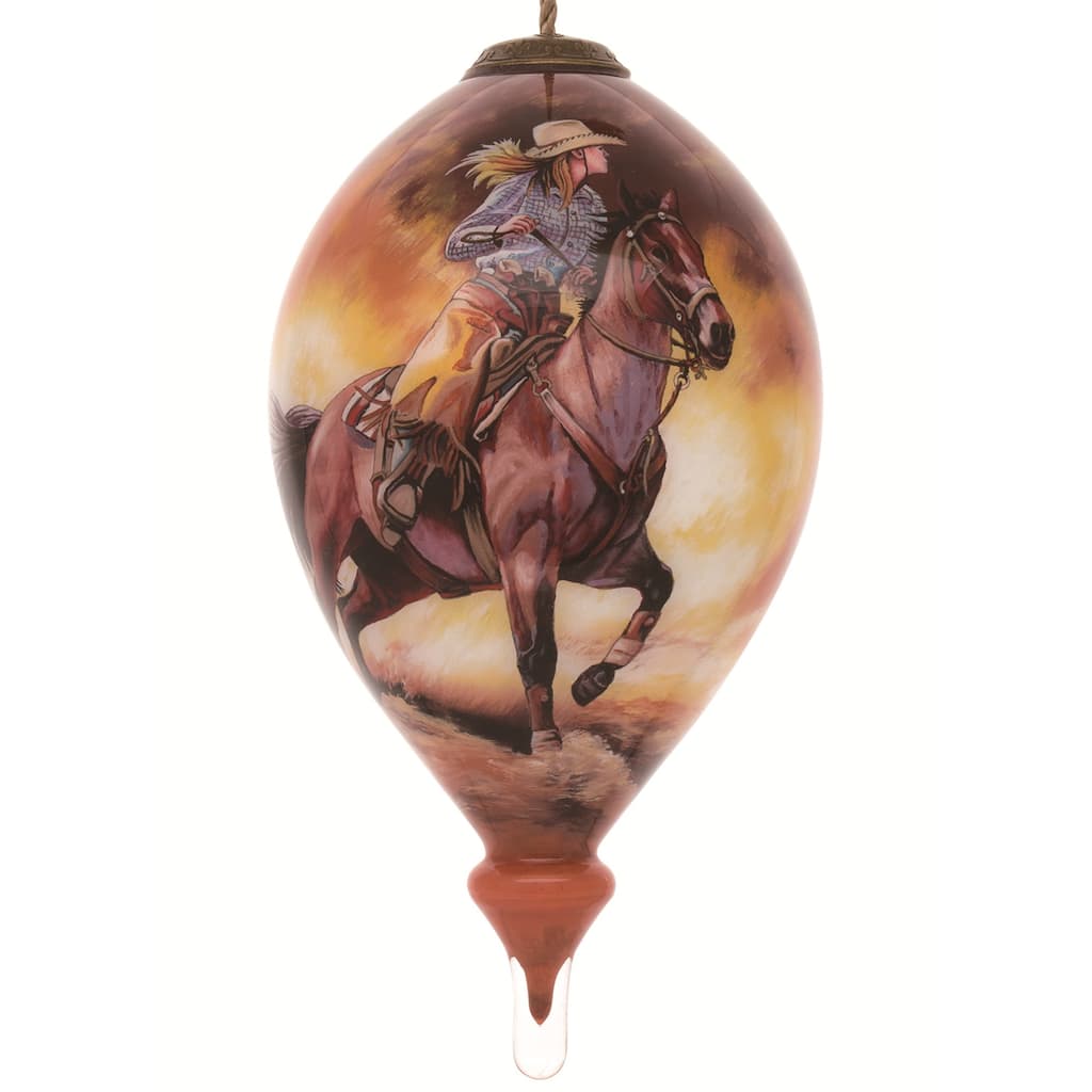 6" Brown Yellow Riding Horse Cowgirl Hand Painted Mouth Blown Glass Hanging Christmas Ornament