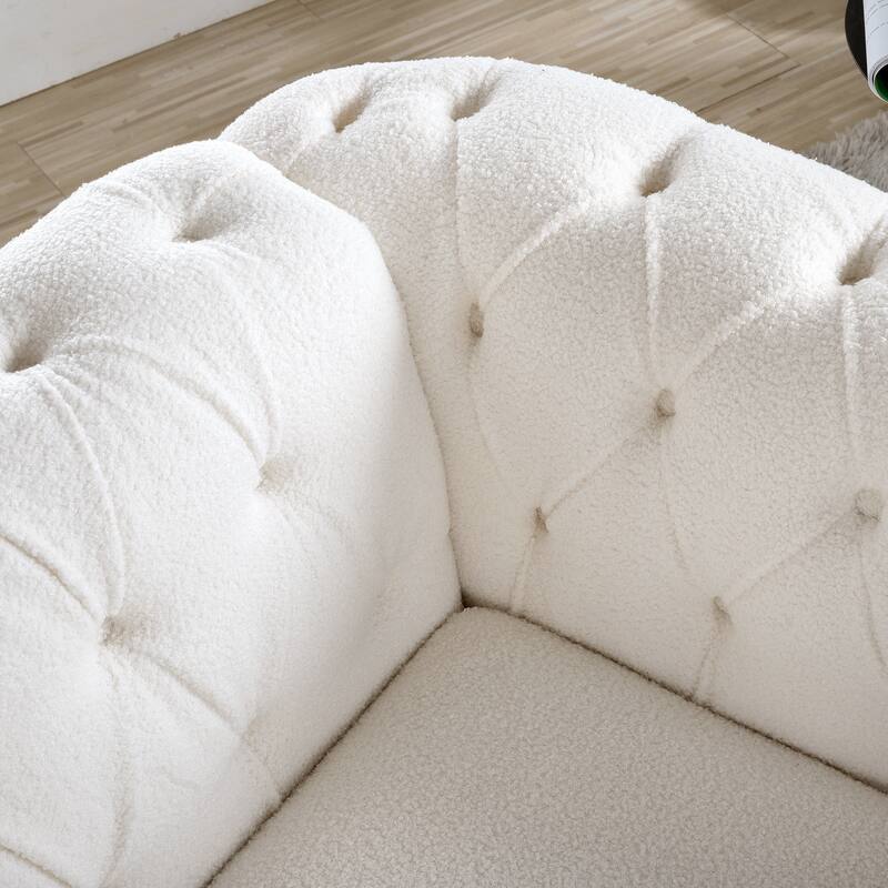 White Teddy Modern 38.98" Upholstered Buttons Tufted Accent Chair with Gourd Shaped Birch Legs and Nailheads
