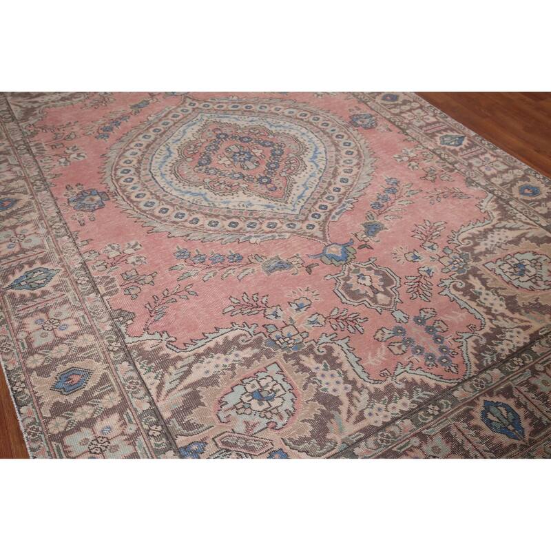 Pink Tabriz Vintage Persian Area Rug Hand-Knotted Wool Carpet - 6'8" x 9'9"