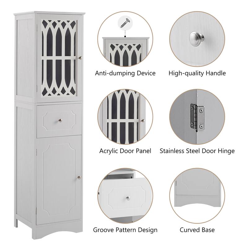 Freestanding Adjustable Storage Cabinet with Metal Knobs, Acrylic Panel Door Cabinet, Groove Pattern Drawer and Door Cabinet