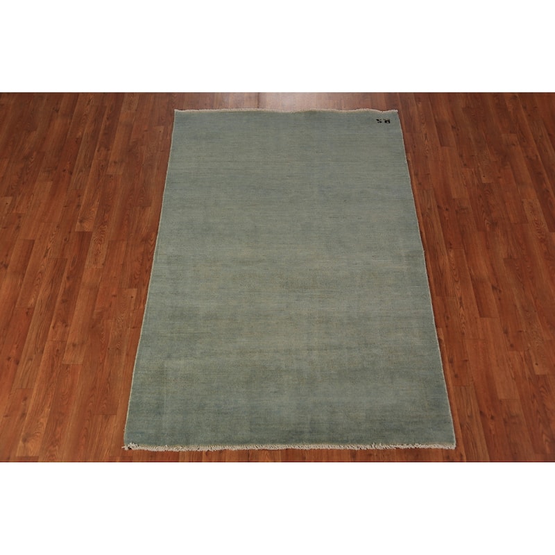Gabbeh Modern Rug Hand-Knotted Green Wool Carpet - 4'0" x 5'10"