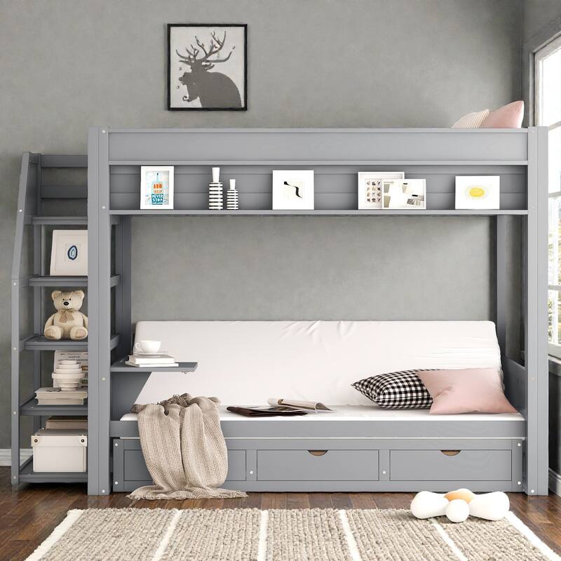 Full Size Convertible Bunk Bed with Storage Staircase, Daybed Pull-Out Design, Bedside Table, and 3 Drawers
