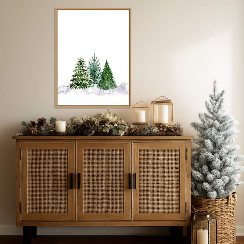 Three watercolor pine trees by Rosana Laiz Blursbyai Framed Canvas Wall Art Print