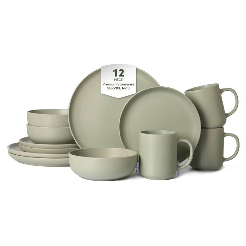 12PC Stoneware Dinnerware Set, Microwave Dishwasher Safe Stackable - Green