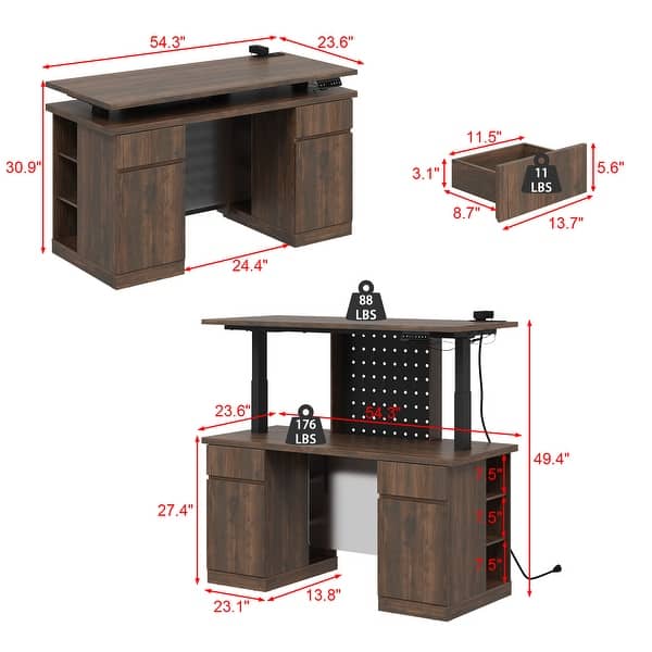 dimension image slide 0 of 2, 54.3" Electric Standing Desk Height Adjustable Sit Stand Computer Desk with 3 Preset Heights, Pegboard, Light and Power Outlet,