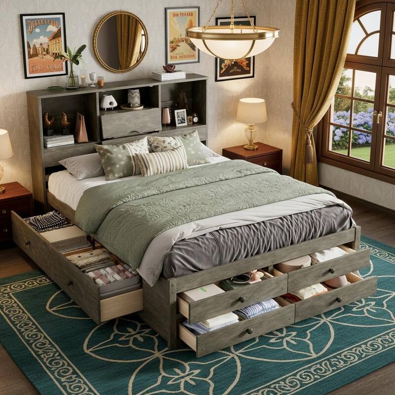Platform Bed with Storage Headboard and 8 Spacious Drawers by Harper&Bright Designs