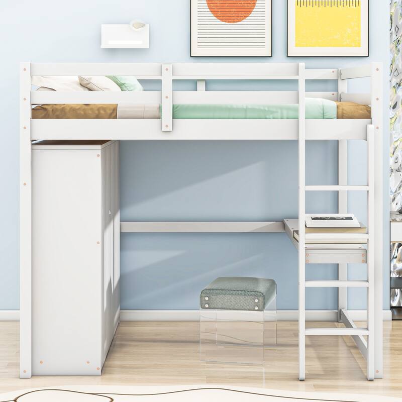 Full Size Loft Bed with Wardrobe, Desk, Storage Shelves, and Drawers in White