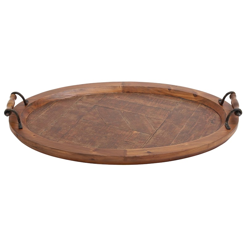 Brown Wood Large Oval Living Room Decor Tray with Scroll Metal Handles