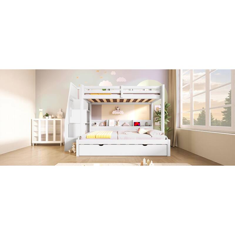 Roomfitters Twin Over Full Bunk Bed with Storage Staircase, Trundle, LED and USB
